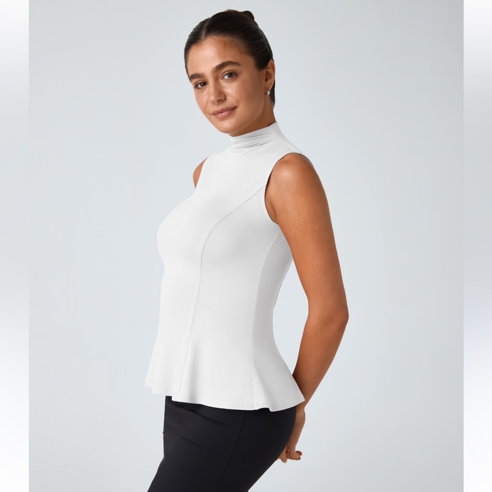 HALARA NWT Funnel Neck Peplum Cream Fitted Sleeveless Tank Top
